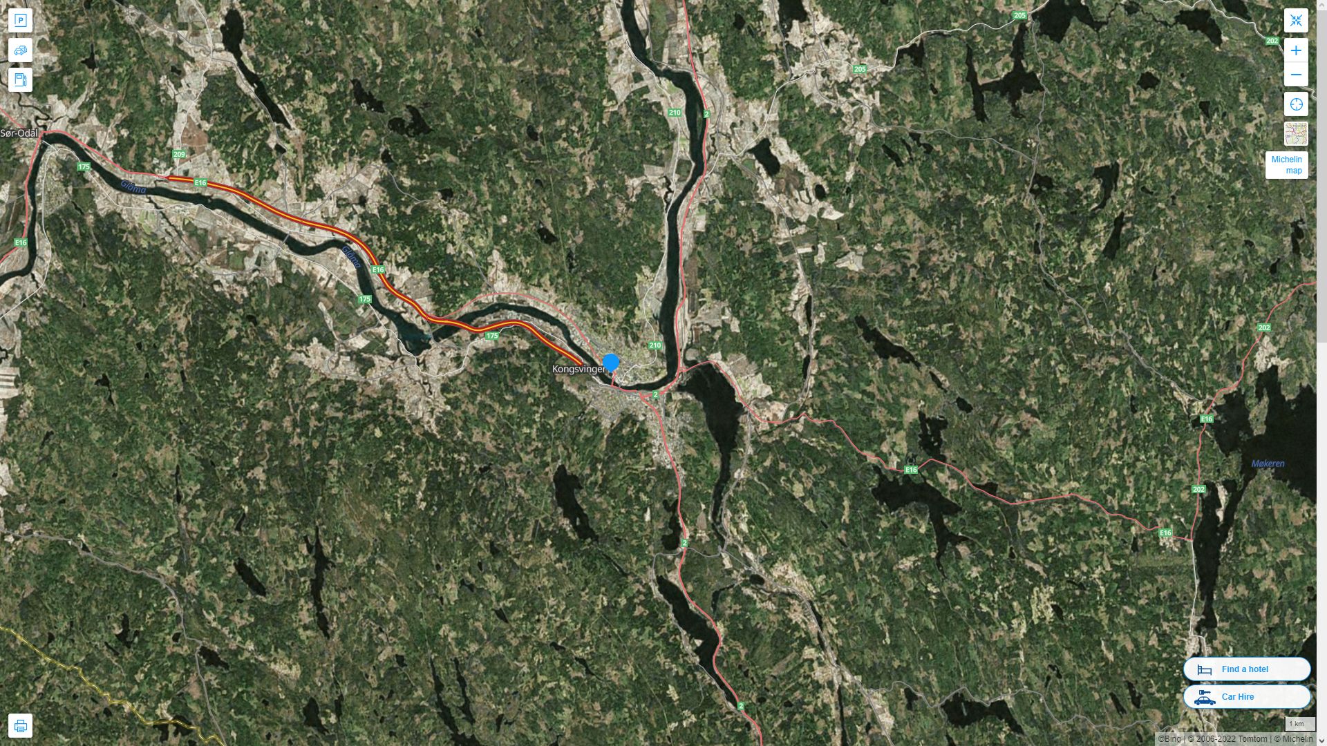 Kongsvinger Norvege Autoroute et carte routiere avec vue satellite